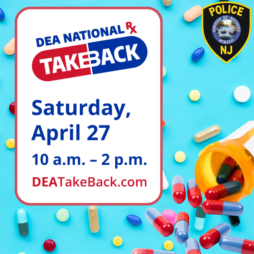 DEA National RX Take Back poster. It has a light blue background with a prescription pill bottle spilling different colored capsules and tablets.