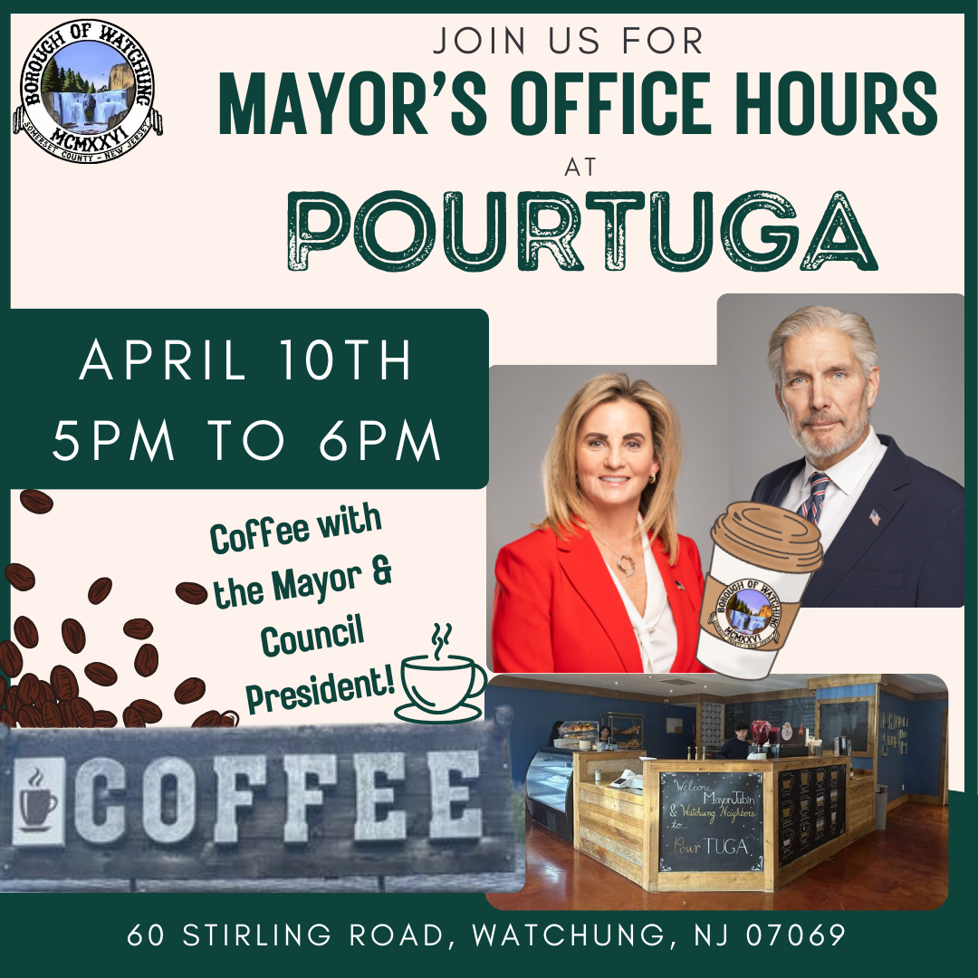 Mayor and Council President with picture of the Coffee house. Flyer has details of the upcoming Mayor's Open Office Hours hosted at Pourtuga.