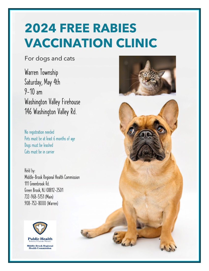 A rabies clinic flyer with a grey background and white border. It has the clinic information written on the left next to a picture of a tabby cat looking at the camera, and a brown dog sitting and lookin up to the left.