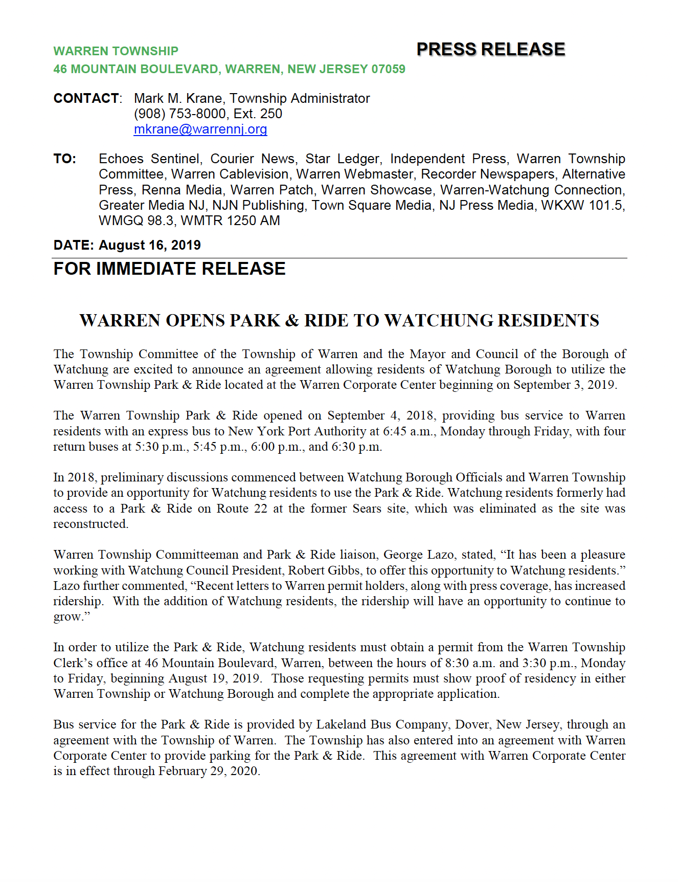 Warren opening Park Ride to Watchung Residents