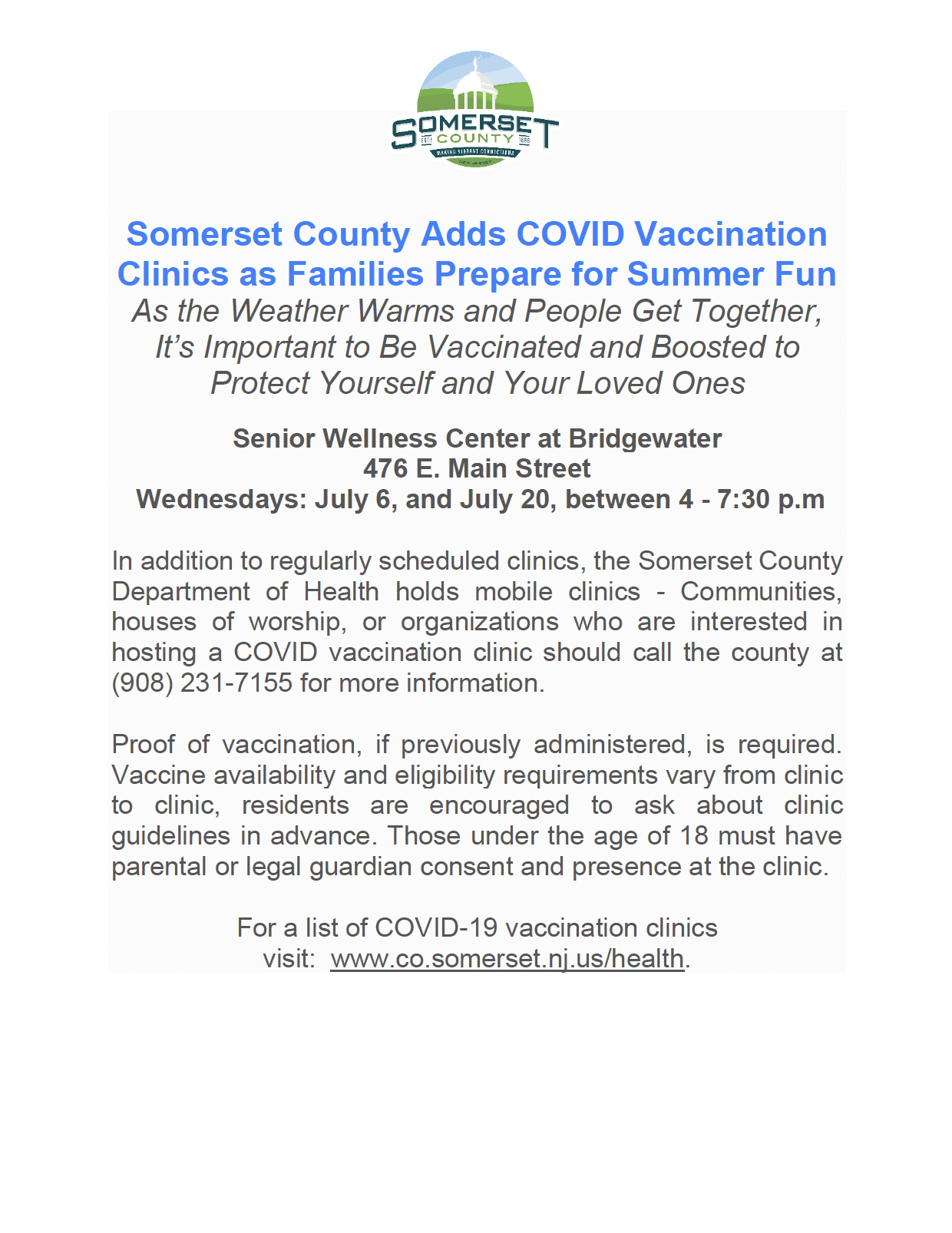 Somerset County COVID Vaccination Clinic flyer