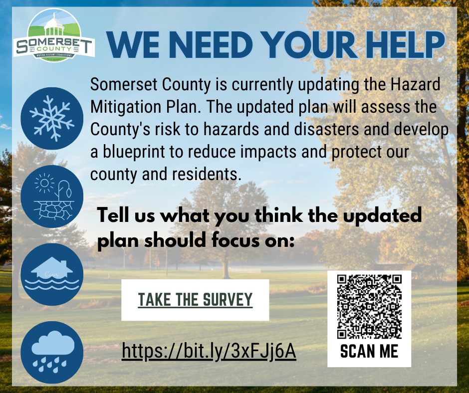 Somerset County Mitigation plan update survey flyer. Click the image to open an OCR scanned PDF version of the flyer.