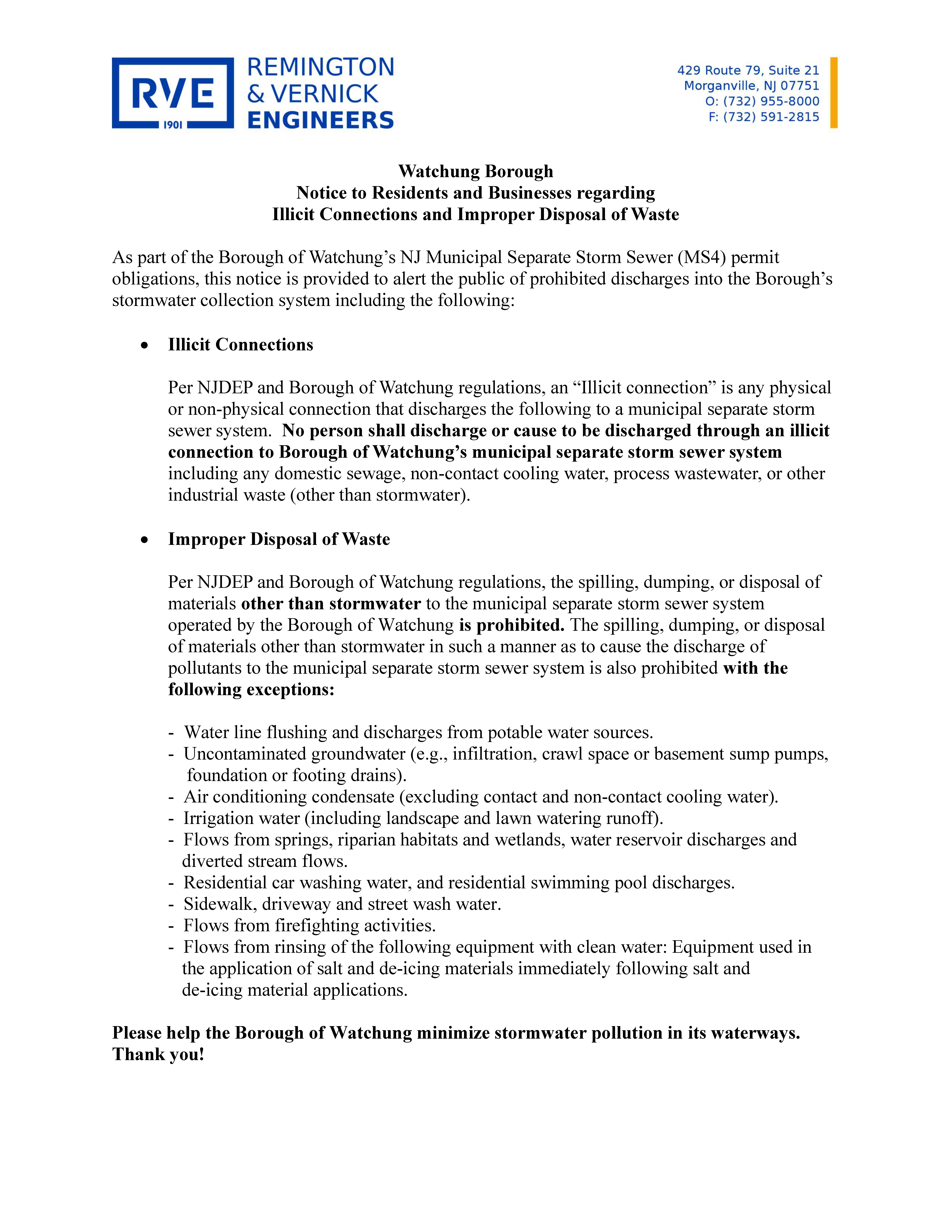 Notice to Residents and Businesses Regarding Illicit connections and improper disposal of waste. Click to open an OCR scanned PDF version