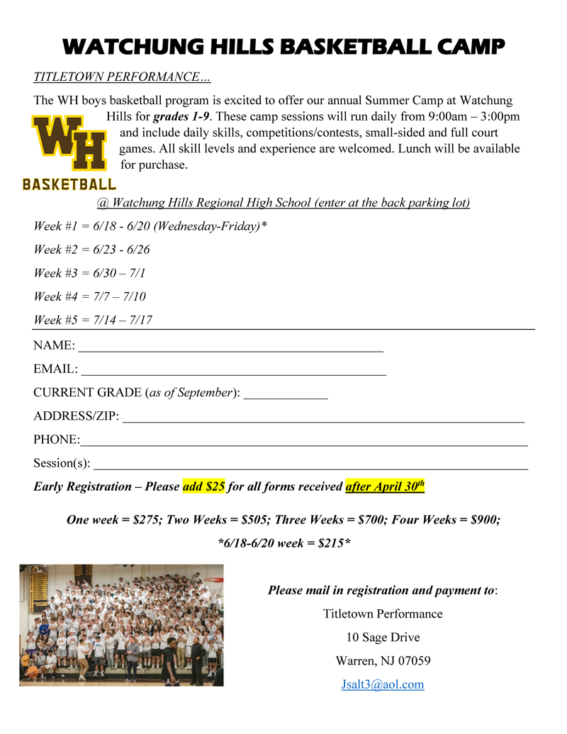 Watchung Hills Basketball Summer Camp Flyer. CLick to open an OCR scanned PDF version of it.