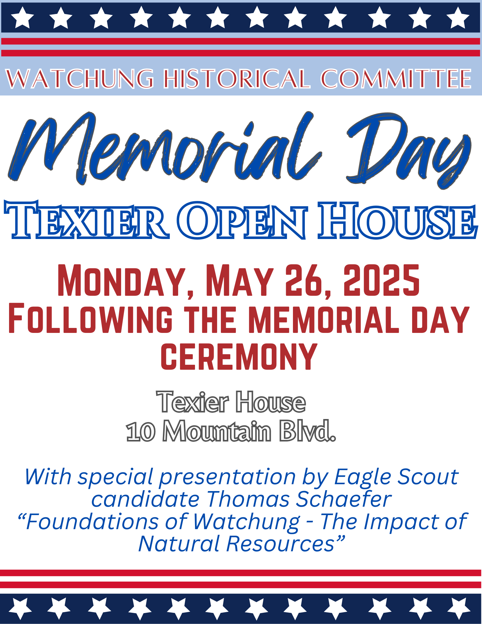 Memorial Day Texier Open House flyer. Click to open an OCR scanned PDF version of it.