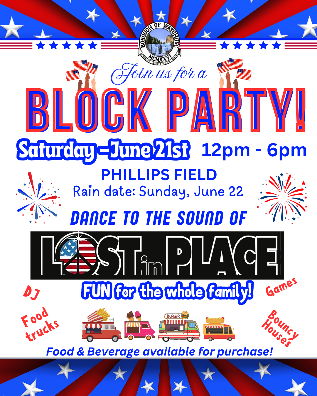 Borough Block party flyer - June 21 from 12 PM - 6 PM at Phillips Field. Rain date is June 22. Click to open an OCR scanned PDF version of it.