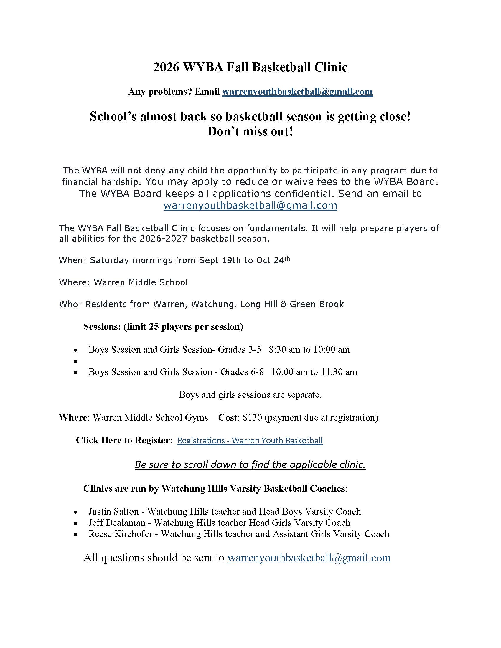 2026 Spring WYBA Basketball flyer.